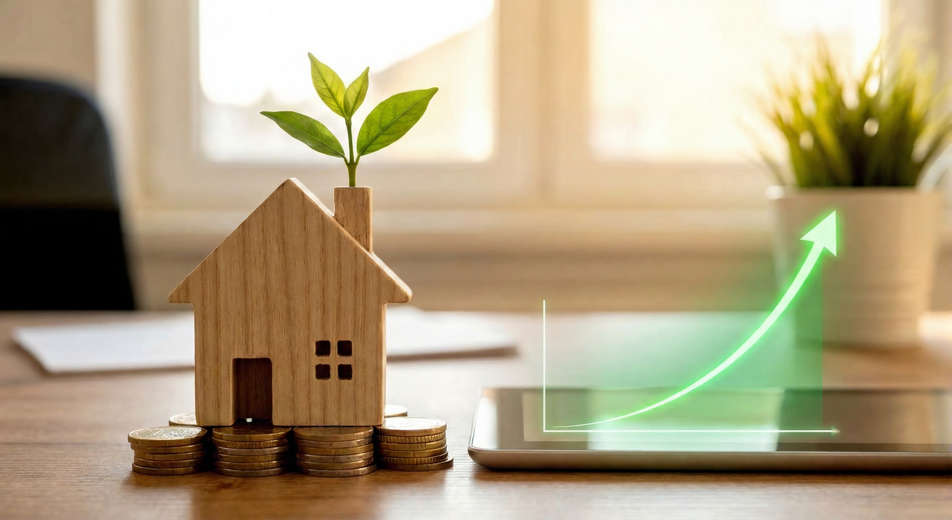 Immobilienbewertung - Holzhaus auf Münzen symbolisiert den Wert Ihrer Immobilie