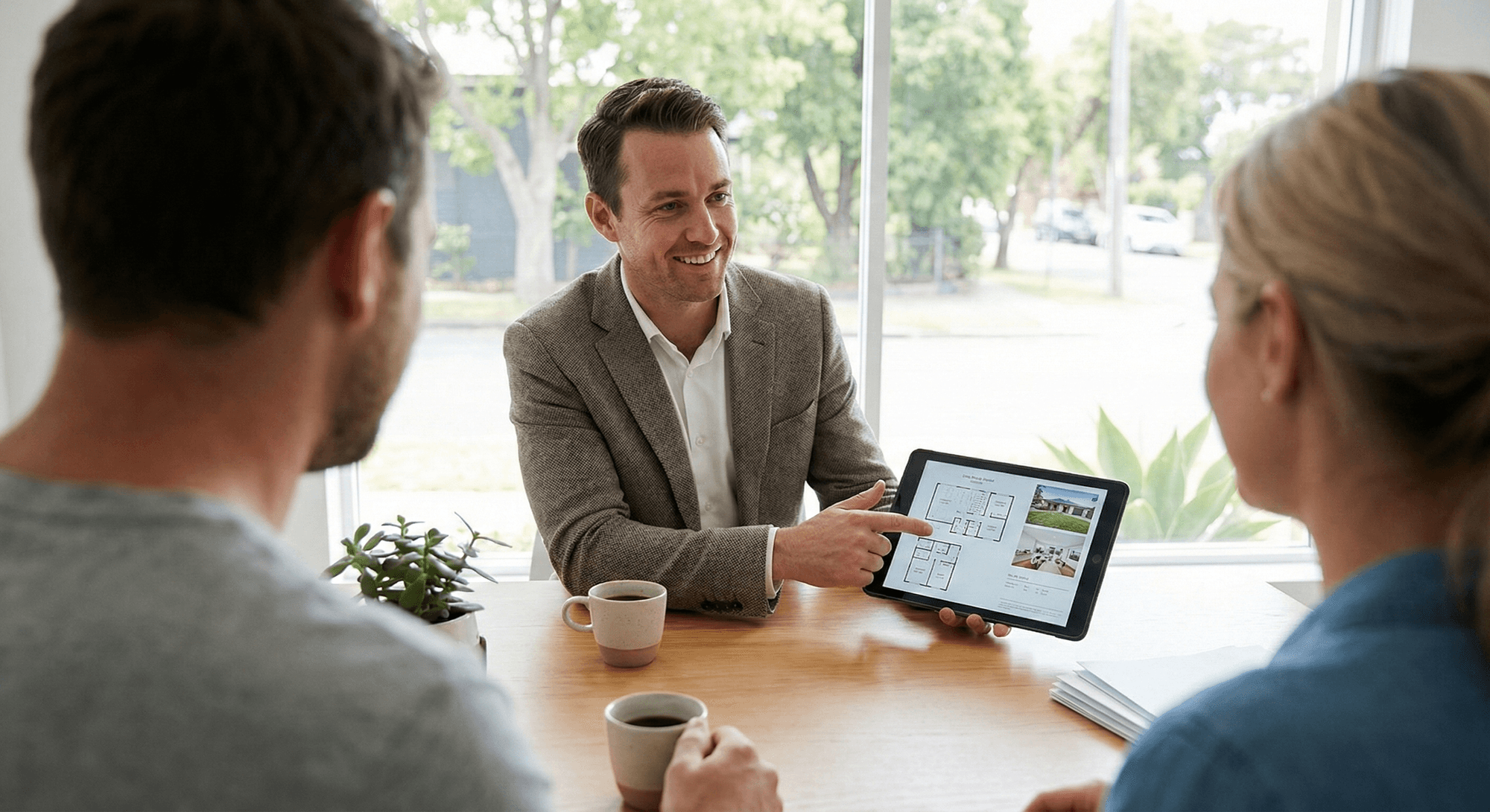 Immobilienmakler zeigt einem Paar Grundrisse auf dem Tablet