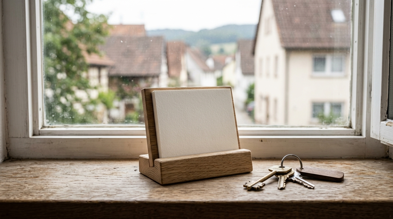 Tischkalender und Wohnungsschlüssel auf einer Fensterbank