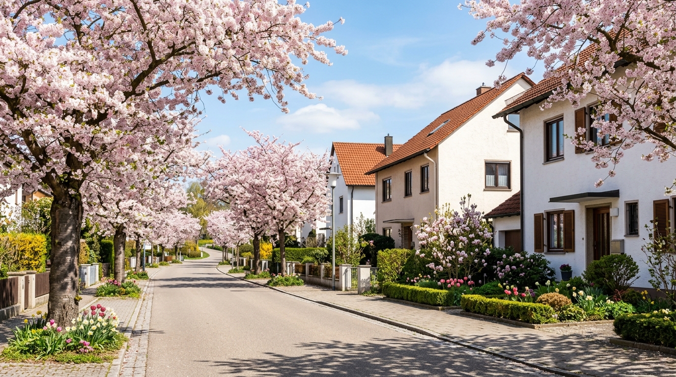 Wohnstraße mit blühenden Kirschbäumen vor Einfamilienhäusern im Frühlingslicht