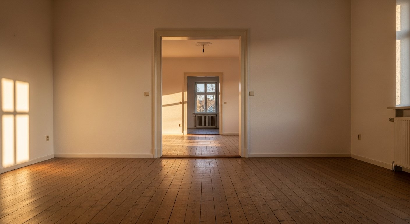 Leere Zimmerflucht eines Wohnhauses mit Dielenboden und Tageslicht