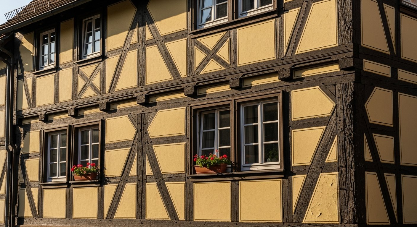 Fassade eines Fachwerkhauses mit dunklen Balken, Sprossenfenstern und Blumenkästen