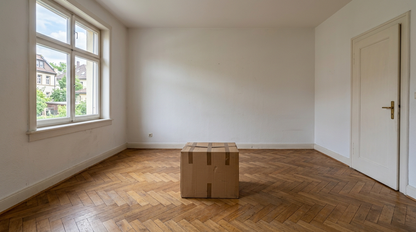 Einzelner Umzugskarton in einem leeren Zimmer mit Holzboden