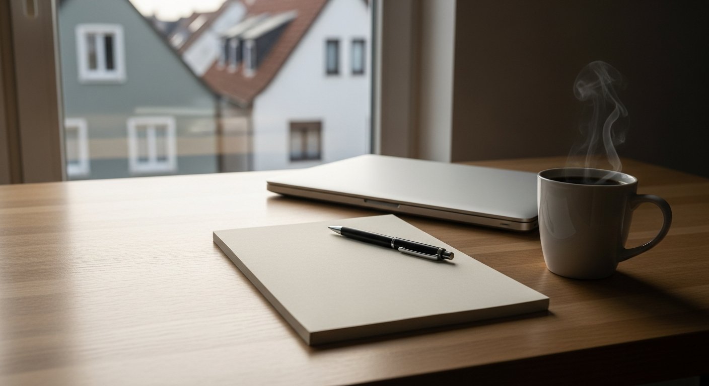 Schreibtisch am Fenster mit Notizblock, Laptop und Kaffeetasse, Blick auf Wohnhäuser
