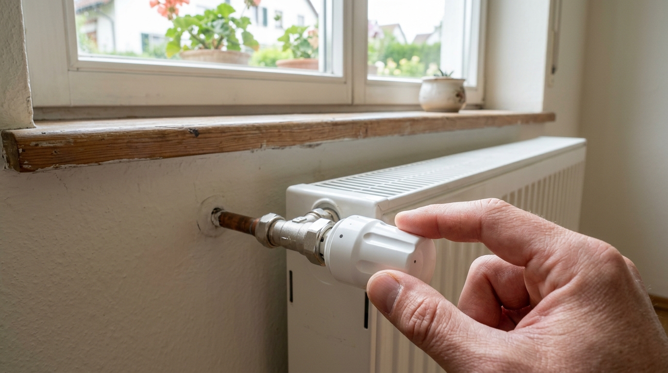 Zwei Finger drehen ein Heizkörperthermostat unter einer Fensterbank