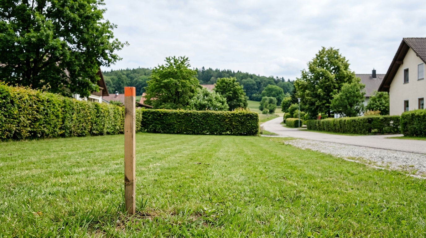 Gemähtes Grundstück mit Hecke und hölzernem Vermessungspflock
