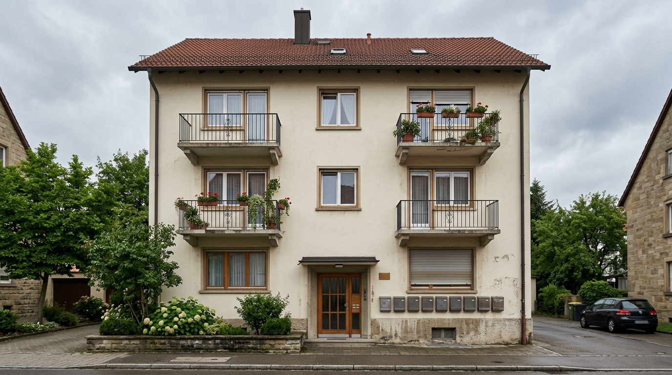Fassade eines kleinen Mehrfamilienhauses mit Balkonen