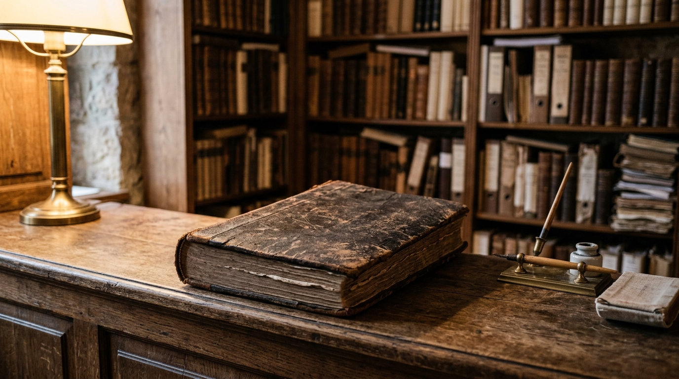 Geschlossenes ledergebundenes Registerbuch auf einem Holztresen