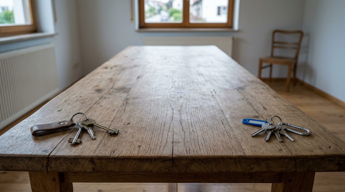 Zwei getrennt liegende Schlüsselsätze auf einem leeren Holztisch