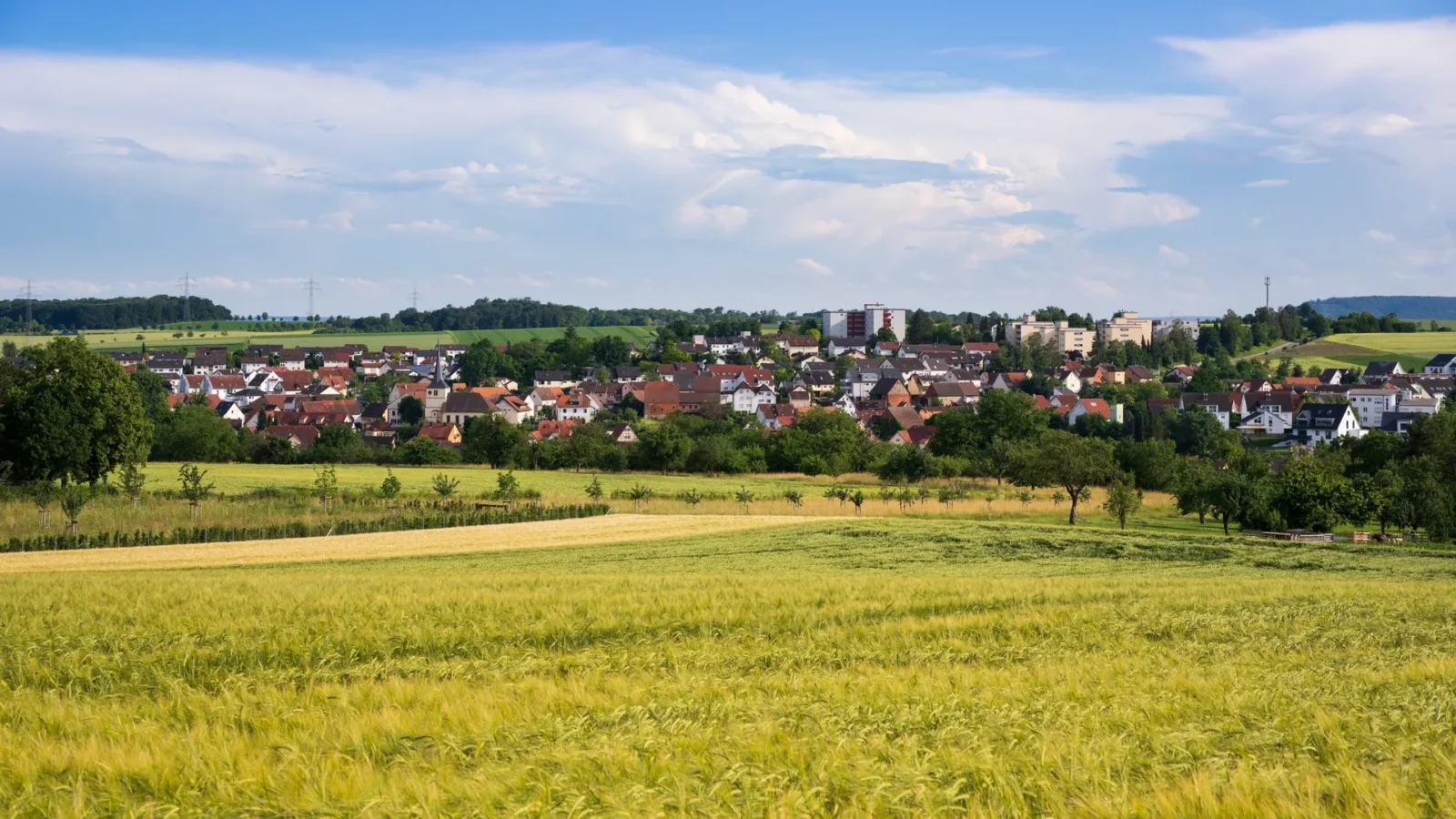 Blick über das Wohngebiet des Heilbronner Stadtteils Biberach mit Feldern im Vordergrund
