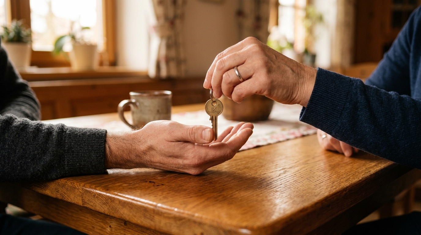 Ein Hausschlüssel wird über einen Holztisch von einer Hand zur anderen gereicht