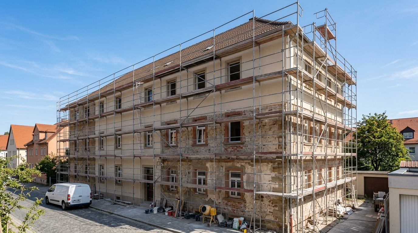 Gerüst an der Fassade eines Wohnhauses während der Sanierung