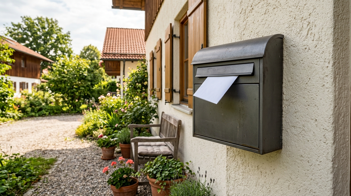 Wandbriefkasten an einer verputzten Hauswand mit einem weißen Umschlag