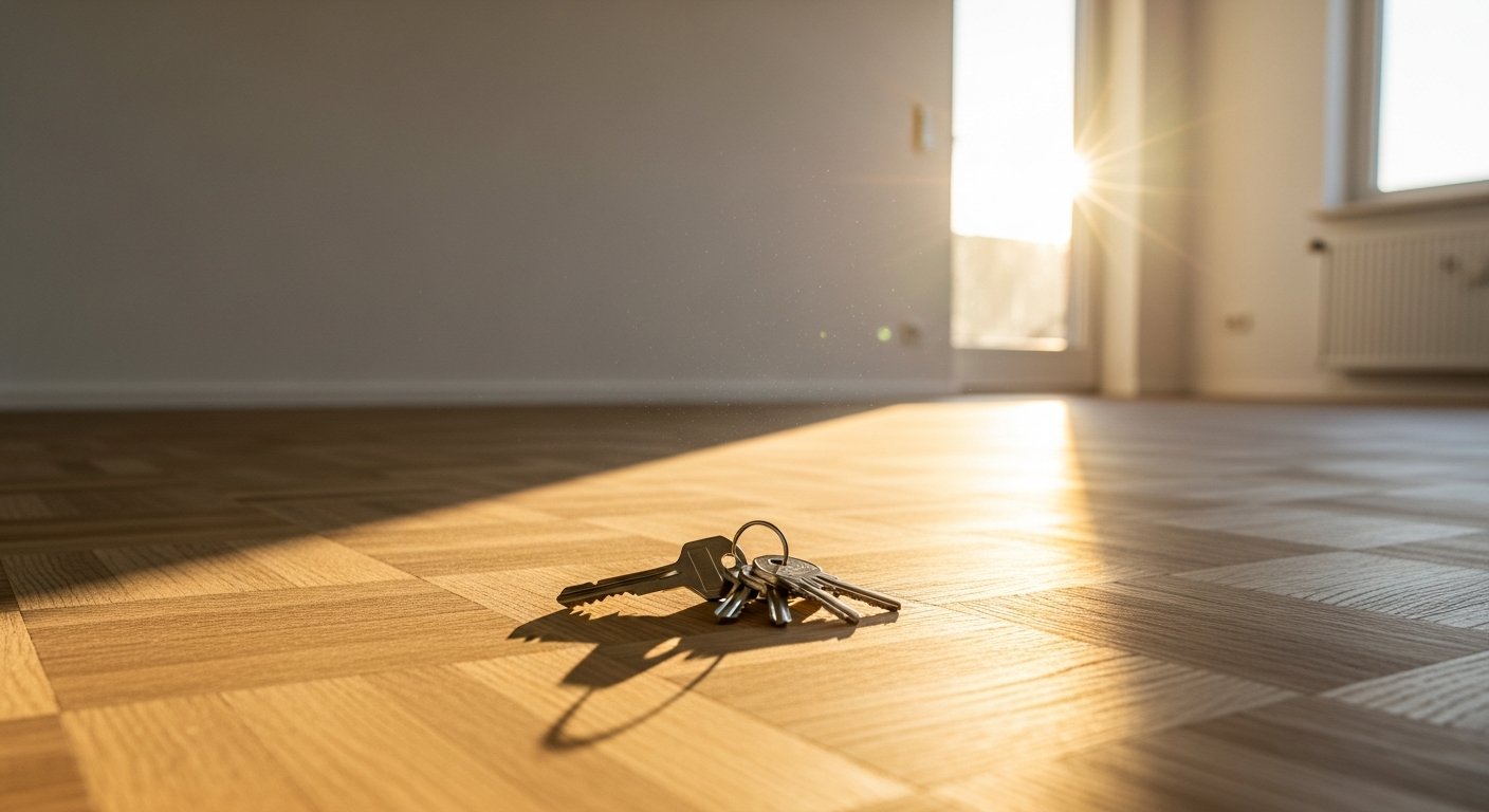 Schlüsselbund auf dem Parkettboden einer leeren Wohnung im Sonnenlicht