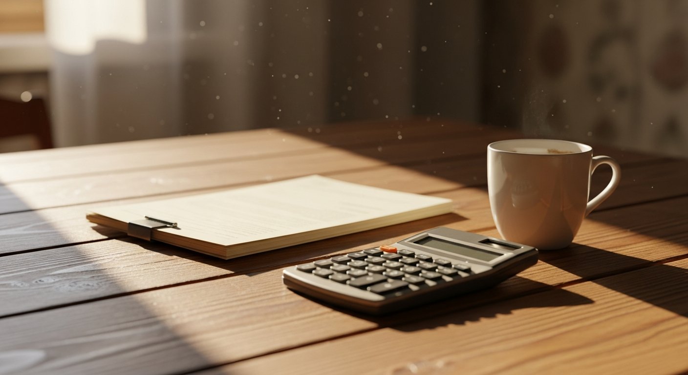 Küchentisch mit Unterlagen, Taschenrechner und Kaffeetasse im Morgenlicht