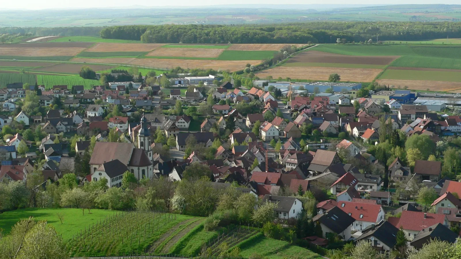 Blick über die Wohnbebauung des Neckarsulmer Stadtteils Dahenfeld mit Feldern und Gewerbegebiet
