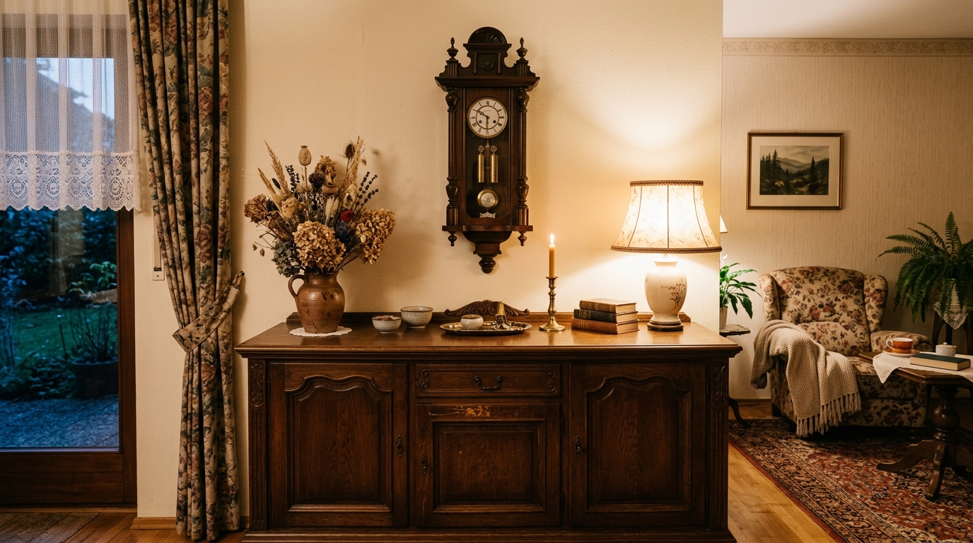 Wohnzimmer mit Sideboard, Trockenblumen und Pendeluhr