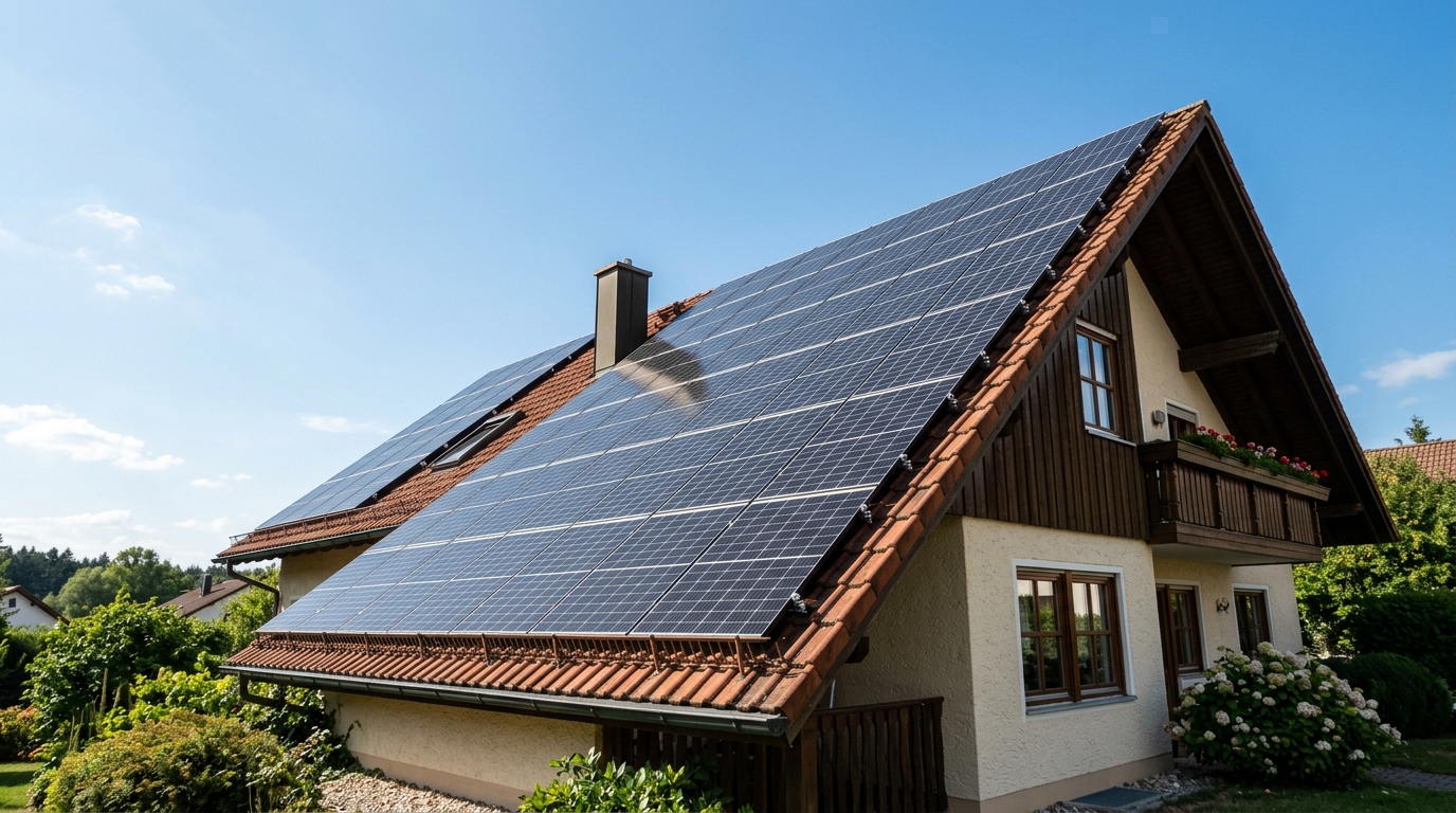 Solarmodule auf dem Satteldach eines Wohnhauses vor klarem Himmel