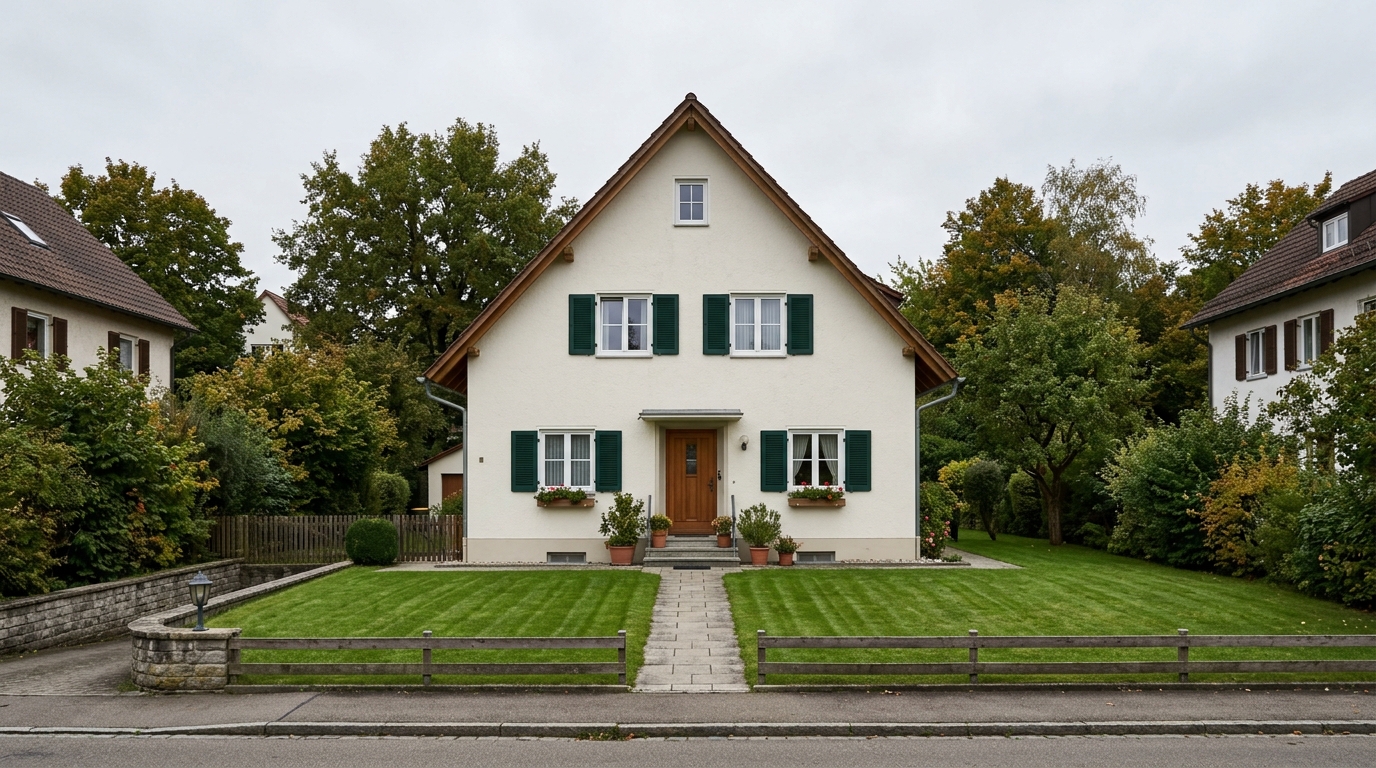 Freistehendes Einfamilienhaus mit Satteldach und gepflegtem Rasen
