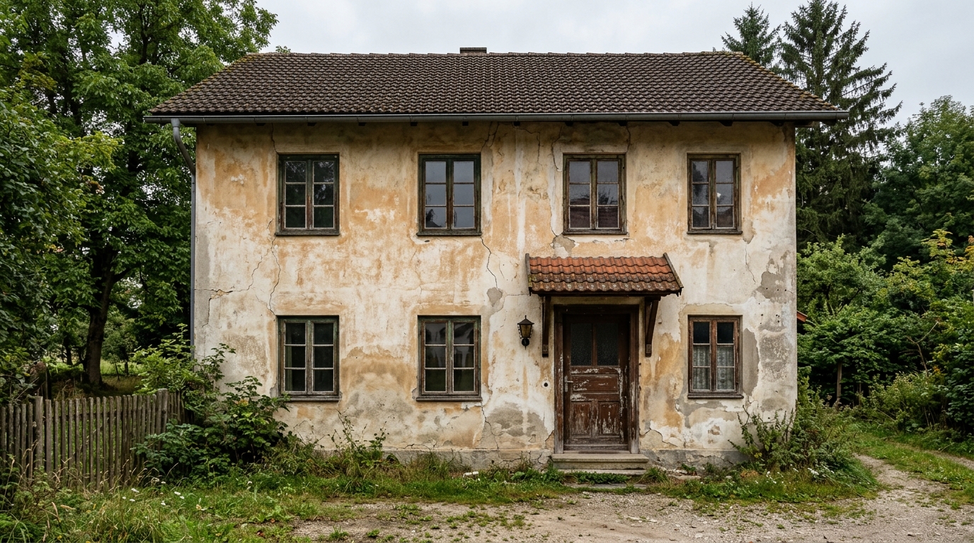 Verwitterte Fassade eines älteren Wohnhauses mit alten Holzfenstern