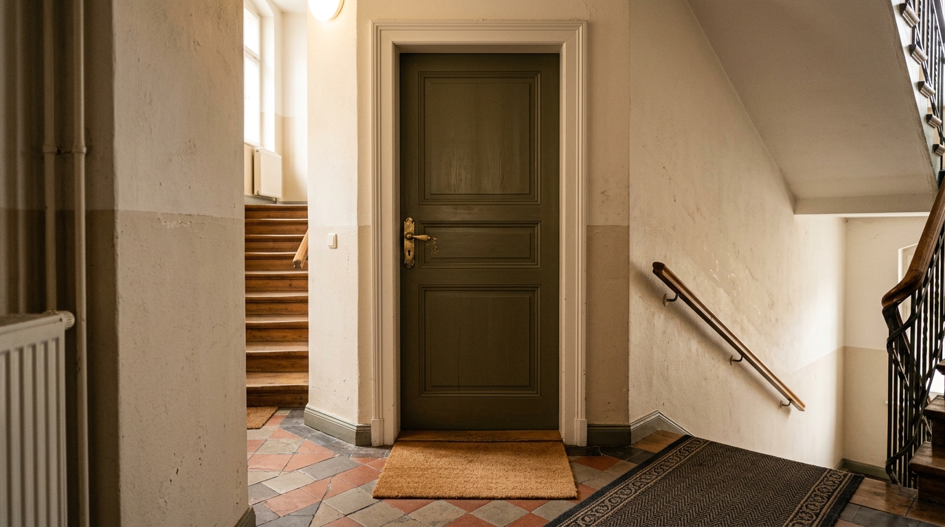 Wohnungstür mit Messingklinke von einem Treppenhaus aus gesehen