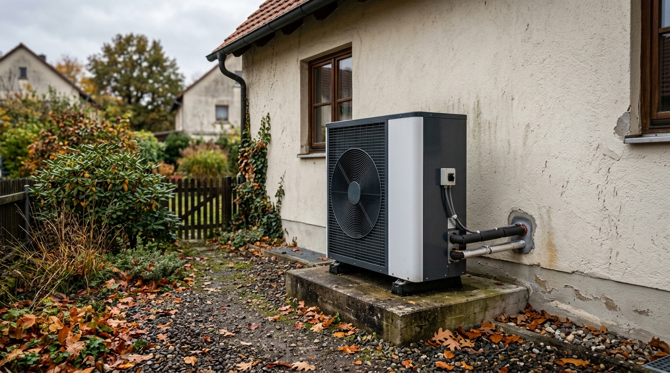 Außeneinheit einer Luft-Wasser-Wärmepumpe an der verputzten Wand eines älteren Hauses