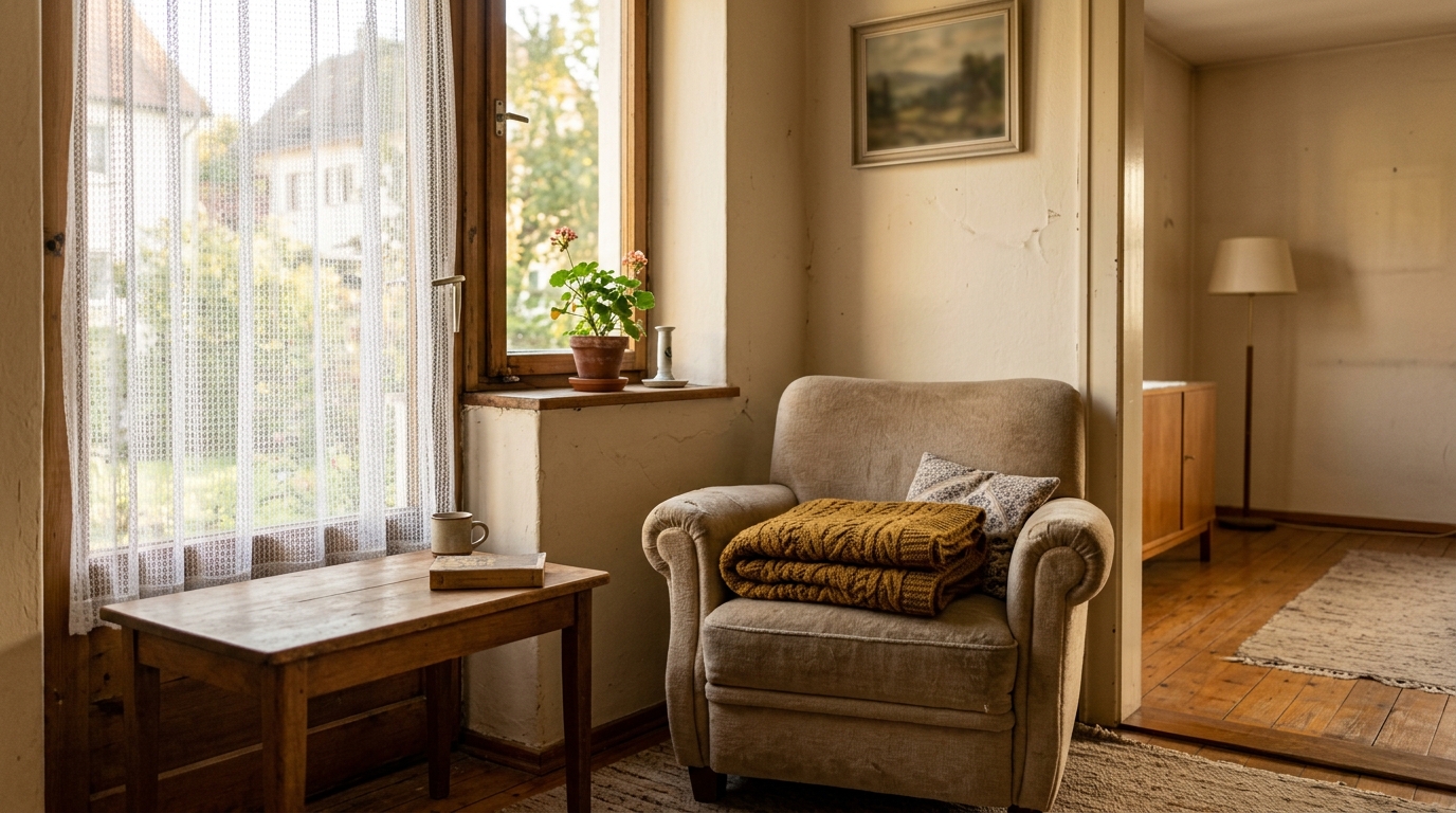 Sessel mit Wolldecke am Fenster eines älteren Wohnzimmers
