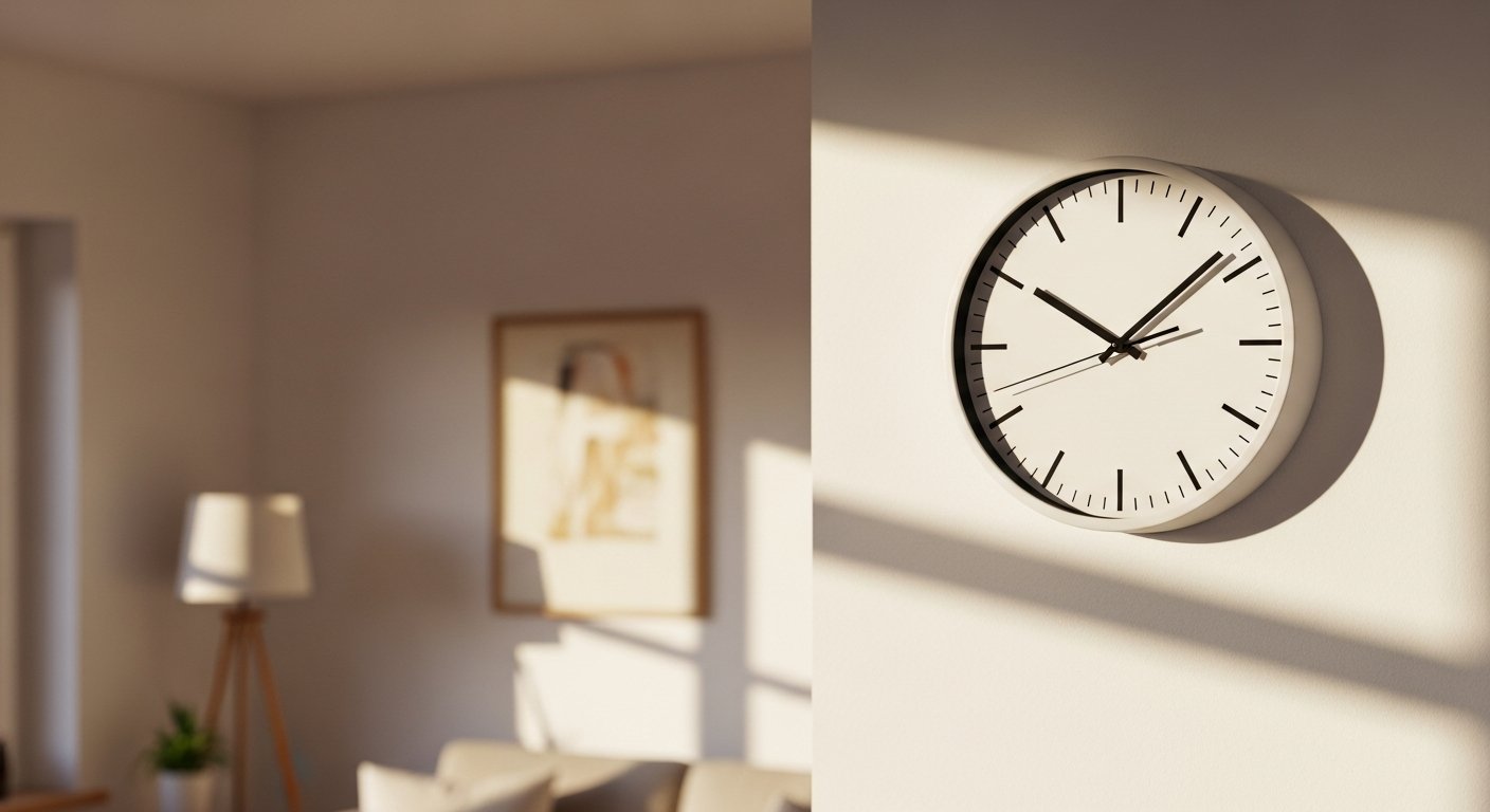 Analoge Wanduhr an einer hellen Wand in einem Wohnraum
